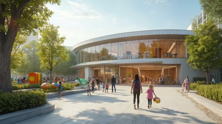 Vue d'un centre communautaire animé avec des gens, des jeux et de la verdure