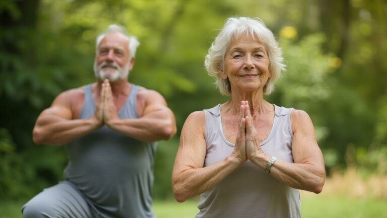 Deux personnes âgées pratiquent ensemble des postures de yoga dans la nature.