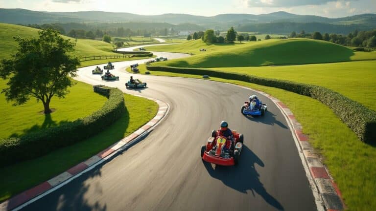 Plusieurs karts de course sur une piste au milieu d'un paysage verdoyant de collines et d'arbres.