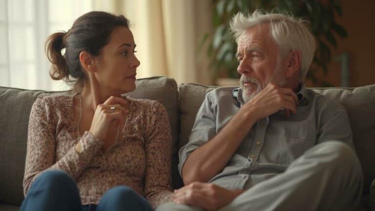 Un homme et une femme âgés assis sur un canapé, en conversation sérieuse.