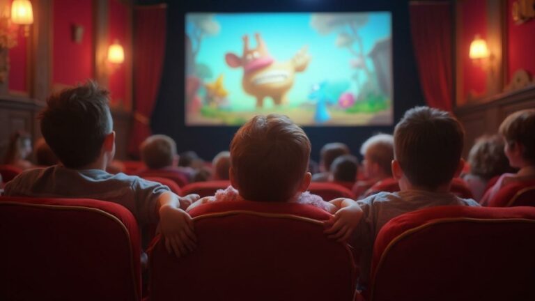 Groupe d'enfants regardant un film animé sur grand écran