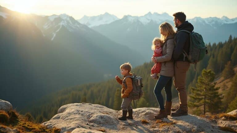 Une famille profite d'une promenade en pleine nature dans les montagnes.