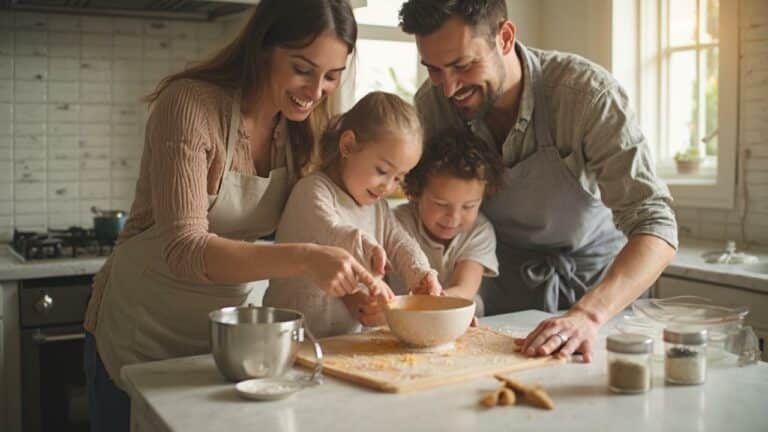 Une famille souriante prépare ensemble un repas dans la cuisine.