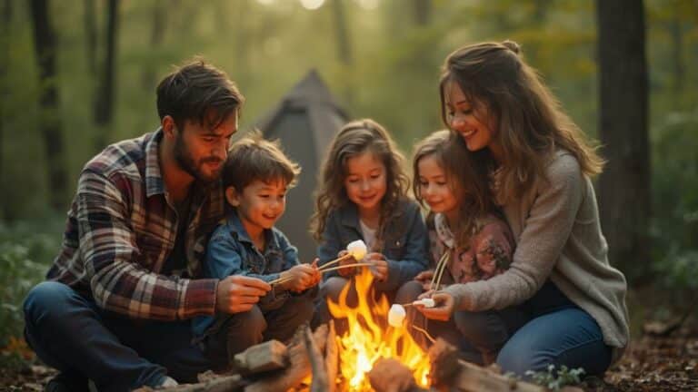 Une famille dans les bois, faisant griller des guimauves autour d'un feu de camp.