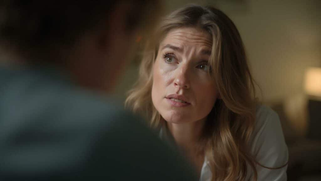 Gros plan sur le visage d'une femme aux cheveux blonds, l'air pensif et concentré