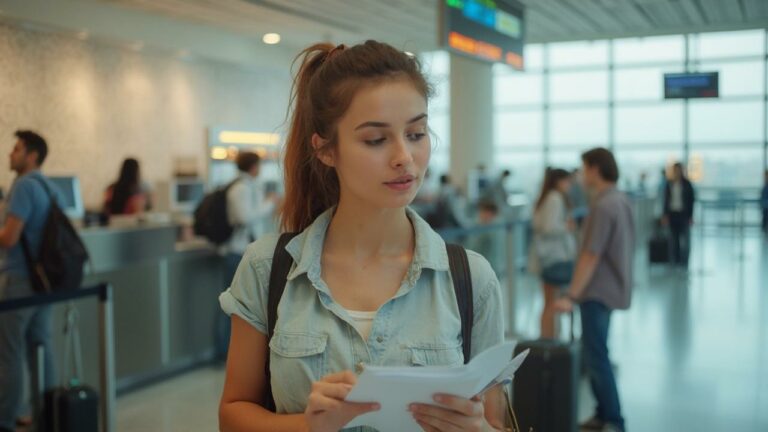 Une jeune femme dans un aéroport, lisant un document attentivement