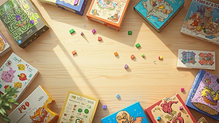 Une variété de jouets et de livres pour enfants sur une table en bois.