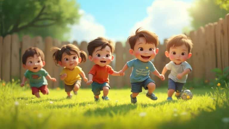 Groupe de jeunes enfants souriants courant dans un beau paysage verdoyant
