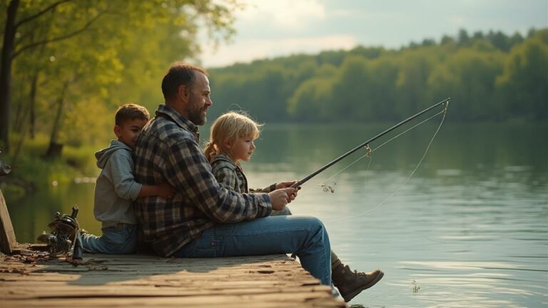 Un père et ses enfants pêchant ensemble au bord d'un lac paisible