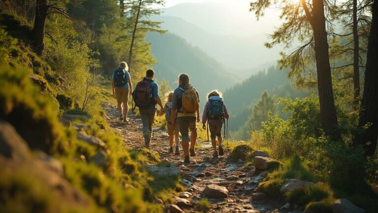 Groupe de randonneurs marchant sur un sentier entouré de nature