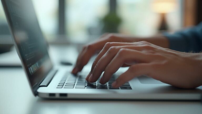 Gros plan des mains sur le clavier d'un ordinateur portable