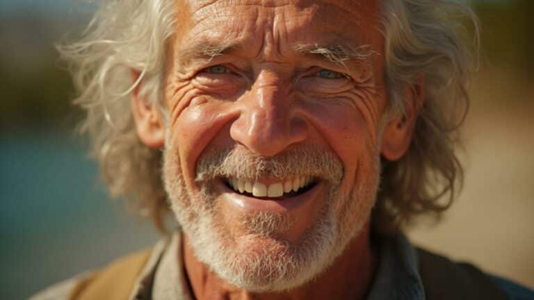 Gros plan sur le visage souriant d'un homme âgé à la barbe blanche.